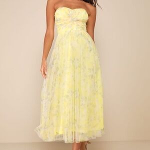 Lulus Perfect Whimsy Yellow Floral Mesh Strapless Midi Dress small